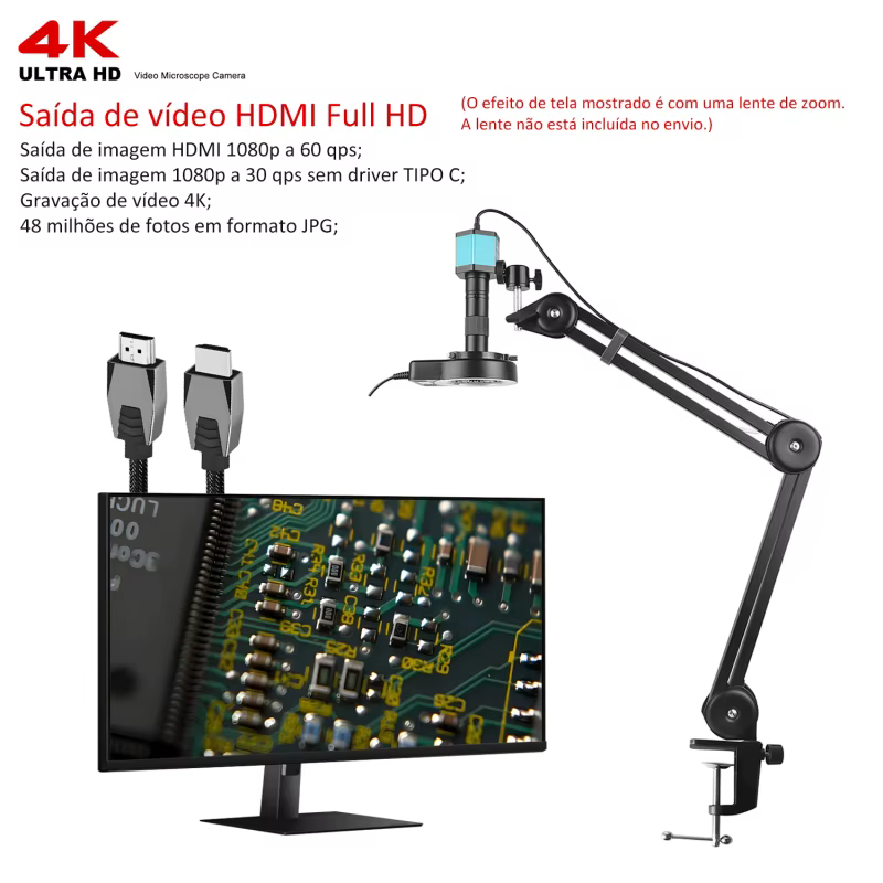 Câmera de microscópio de vídeo IMX415 48MP Full 4K HDMI USB IMX323 VGA 1080P C-MOUNT Lente ampliação eletrônica 5x controle remoto software de computador para telefone PCB IC solda reparo enviado localmente no Brasil