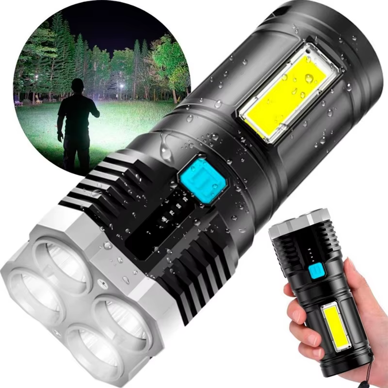 Lanterna Profissional 4 Led Potente, Recarregável via USB, Para Camping, Pesca, Emergência, Kit de Segurança Automotiva