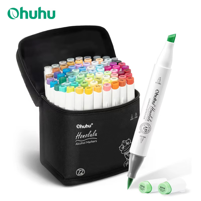 Ohuhu Honolulu Conjunto de canetas marcadoras de 72 cores, marcadores de arte com álcool, pontas duplas recarregáveis, esboço, desenho, mangá, material escolar de arte