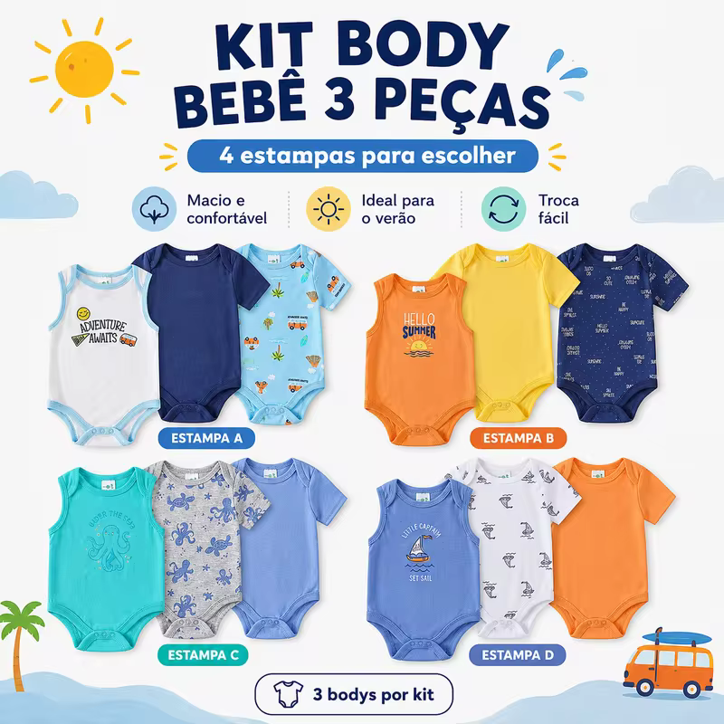 Kit Bodies Bebê 3 Peças Manga Curta Ombro Envelope Botões de Pressão Dinossauro Elefante