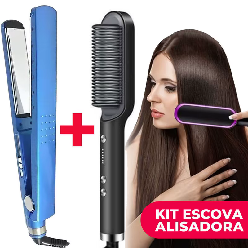 Conjunto Alisador e Pente Aquecido Bivolt 110V 220V Portátil, Escova Modeladora para Viagem e Uso Diário