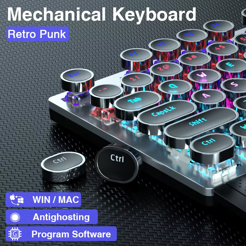 AULA Teclado Mecânico Retro Punk Redondo Keycaps Teclado para jogos para PC Laptop 104 teclas Teclado retroiluminado RGB com fio