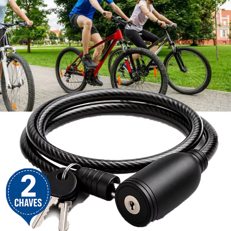 Trava de Segurança Antifurto Cabo de Aço 7,5mm X 65cm com Cadeado para Moto, Bicicleta, Portão, 2 Chaves