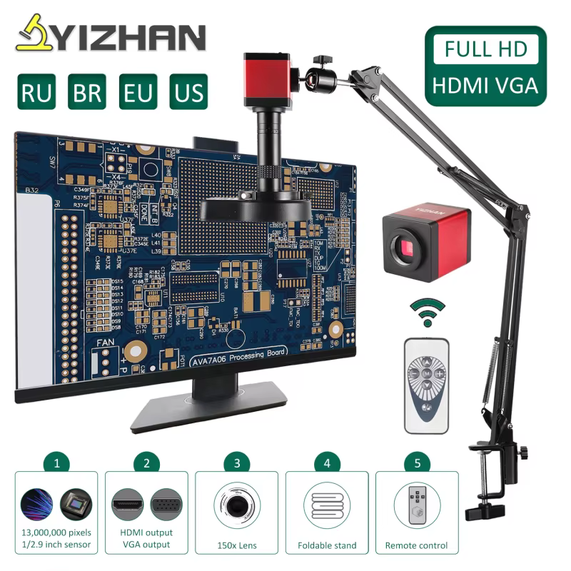 Yizhan 13mp full hd hdmi câmera vga porta microscópio industrial zoom 150x lente ajustável suporte de braço de metal para solda