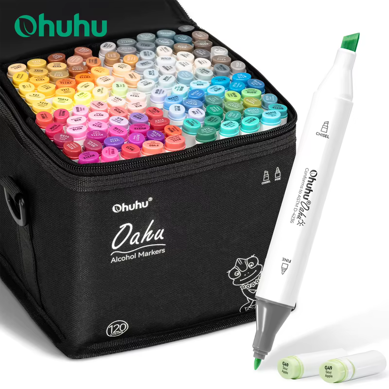 Ohuhu Oahu Conjunto de canetas marcadoras de 120 cores, marcadores de arte com álcool, pontas duplas, caneta de feltro, esboço, desenho, graffiti, mangá, material escolar de arte