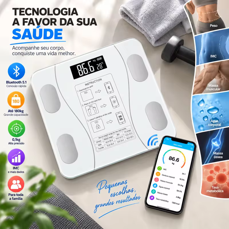 Balança Bioimpedância Digital Corporal Bluetooth 180kg Balança eletrônica inteligente bluetooth pesando carregamento humano bala