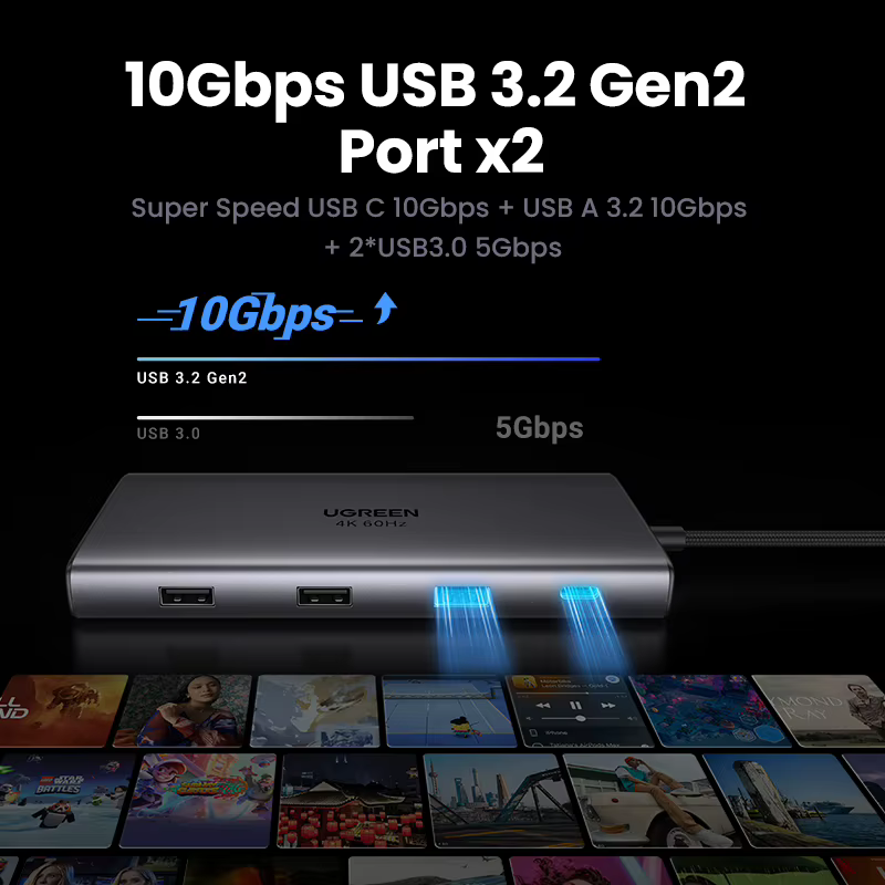 UGREEN USB-C HUB 9 em 1 Tipo-C para 4K60Hz HDMI 10Gbps de dados 1000Mbps RJ45 PD100W SD e TF para acessórios para laptop MacBook DELL iPad HP