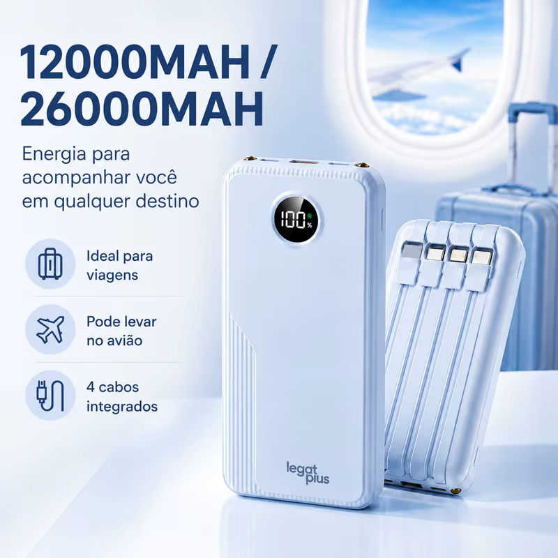 Power Bank 12000mAh / 26000mAh Carregamento Rápido PD 22.5W Com 4 Cabos Integrados Display Digital Para Viagem