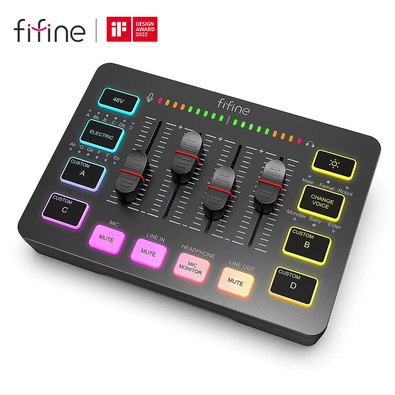 FIFINE Mixer de áudio para jogos, mixer RGB de 4 canais com interface de microfone XLR, para voz em jogos, podcast, AmpliGame SC3