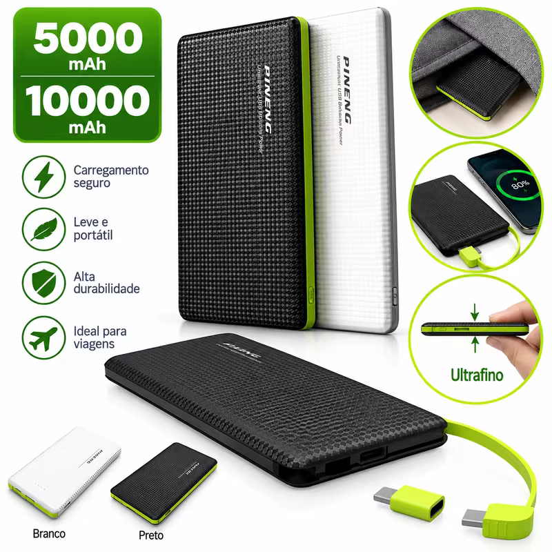 Power Bank 5000/10000mAh Portátil Carregamento Rápido Compacto Leve Bateria Externa Para Celular E Emergência