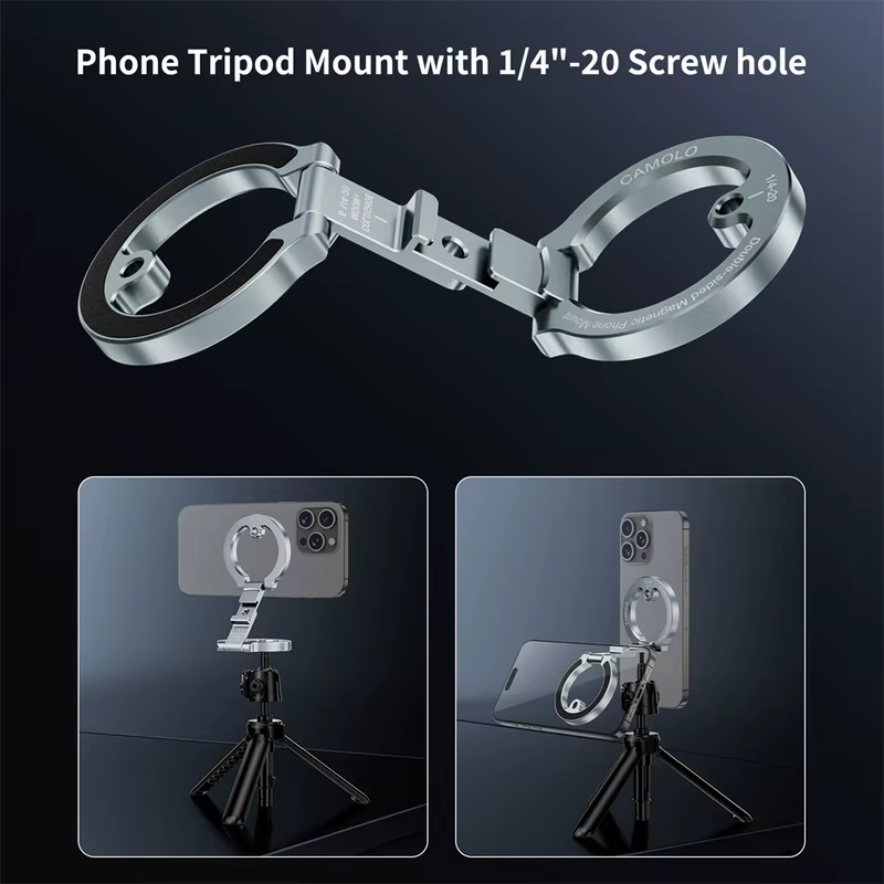 Suporte Magnético Dupla Face para Celular com Cold Shoe e Rosca 1/4"-20, Suporte para Carro e Academia, Compatível com MagSafe iPhone 17 16 15 14 13 e Tripé Android