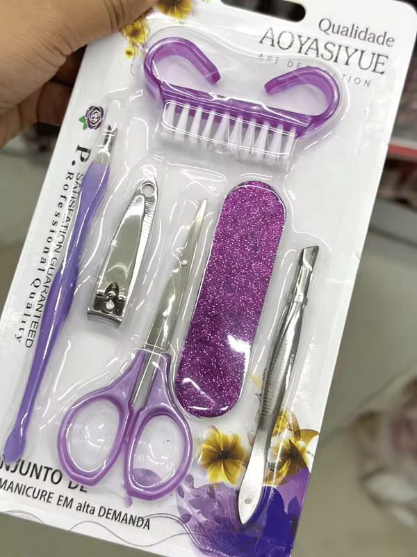 Kit de Ferramentas Mini para Unhas com 6 Peças, incluindo Lixa Polidora, Empurrador de Cutículas, Pincel para Unhas e Bloco Polidor de Unhas, Conjunto de Manicure