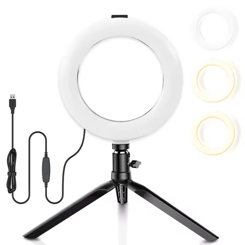Luz de Anel para Mesa 16cm, LED Regulável com Tripé Ajustável e Interface USB para Vídeo, Transmissão ao Vivo e Maquiagem