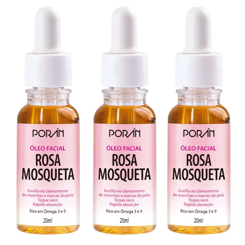 Kit c/ 3 Óleo Facial Rosa Mosqueta Vegano Porán 20ml