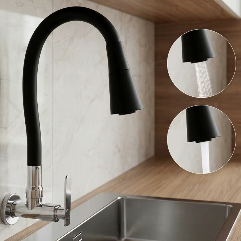 Torneira de Parede Preta para Cozinha com Bico Flexível 2 Funções, Controle de Água 1/4 Volta