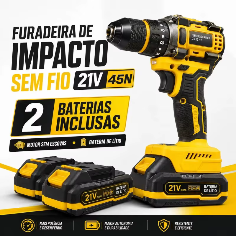 Furadeira/Parafusadeira Sem Fio 21V 45N, Furadeira de Impacto Sem Escovas, Ferramenta Elétrica Recarregável, Kit de Ferramentas Elétricas com 2 Baterias