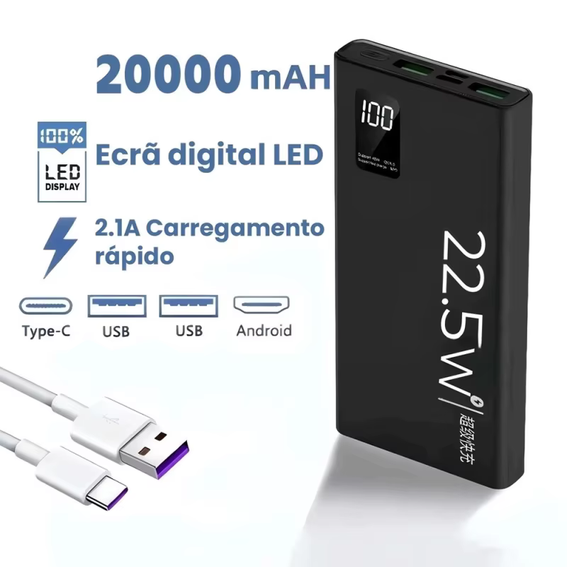Carregador Portátil 20000mAh Turbo Com Tela LCD Carregamento Rápido Para Celulares, Tablets e Fones em Casa, Trabalho e Escola