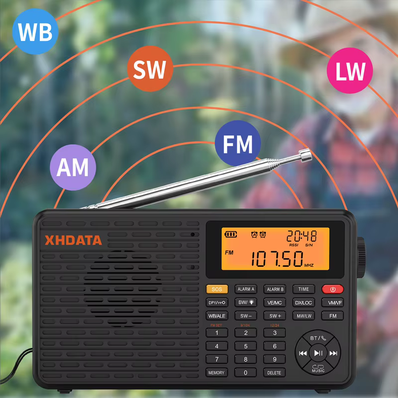 Rádio Portátil XHDATA D109WB FM SW MW LW Recarregável com Alto-falante Multifuncional Bluetooth e Receptor MP3