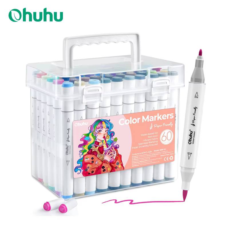 Ohuhu marcadores de papel à base de água marcadores para colorir 60 cores escova dupla fineliner dicas marcadores livros para colorir marcadores de arte