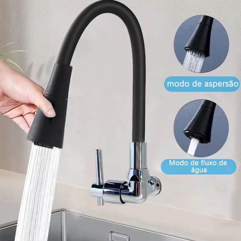 Torneira de Parede Preta Fosca para Cozinha, Bico Flexível 2 Funções e Acionamento de 1/4 de Volta