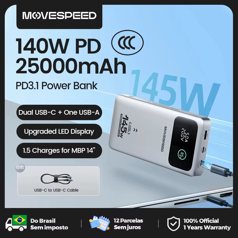 【CCC】MOVESPEED M25Pro 140W Power Bank 25000mAh Tipo C PD Carregamento Rápido Bateria de Grande Capacidade Powerbank para MacBook Lenovo Laptop