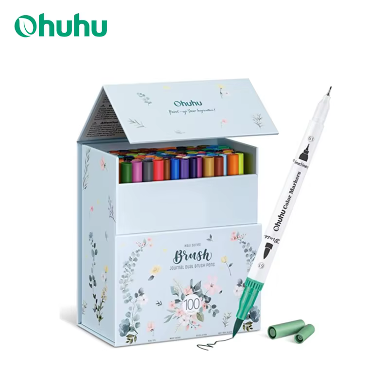 Ohuhu marcadores de arte pontas duplas conjunto de marcadores de linha caneta aquarela para colorir pincel de cor de água fineliner pintura desenho material escolar