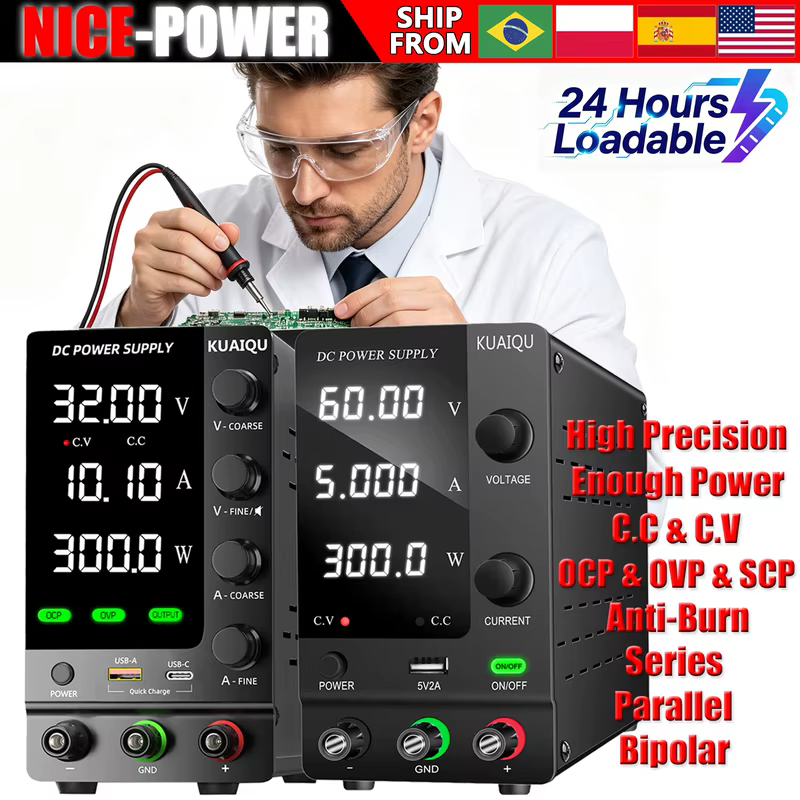 Fonte de Alimentação de Laboratório KUAIQU DC, 30V 60V 120V, Fonte de Bancada com OCP/OVP/SCP/OUTPUT, Regulador de Tensão Ajustável, Carregamento Rápido