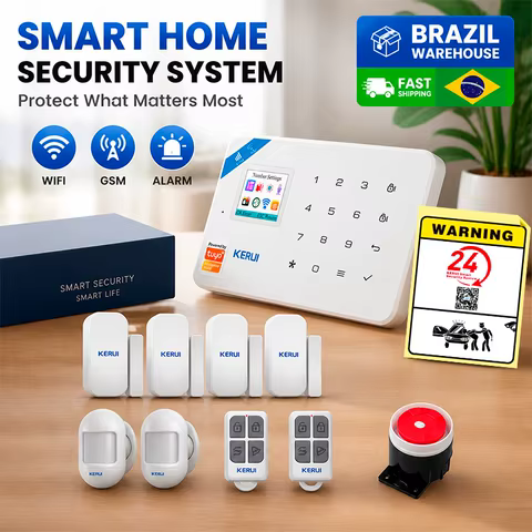 Kit de Alarme Residencial KERUI WIFI+GSM com Sensor de Movimento Inteligente Tuya, Alarme de Segurança Sem Fio 433MHZ