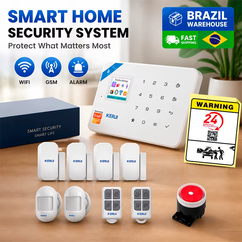 Kit de Alarme Residencial KERUI WIFI+GSM com Sensor de Movimento Inteligente Tuya, Alarme de Segurança Sem Fio 433MHZ