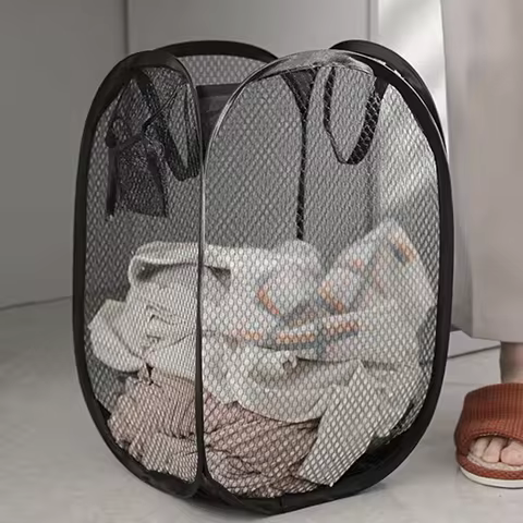 Cesto de Roupa Suja de Grande Capacidade, Balde de Armazenamento em Malha, Cesto de Roupa Suja Portátil e Dobrável para Banheiro