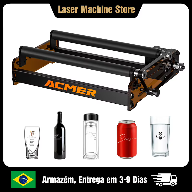 Módulo de Rolo Rotativo a Laser ACMER M3 para Gravador a Laser, Rolo do Eixo Y 360 ° Objeto Cilíndrico Rotativo com Diâmetro de 6-164 mm para Frascos e Garrafas