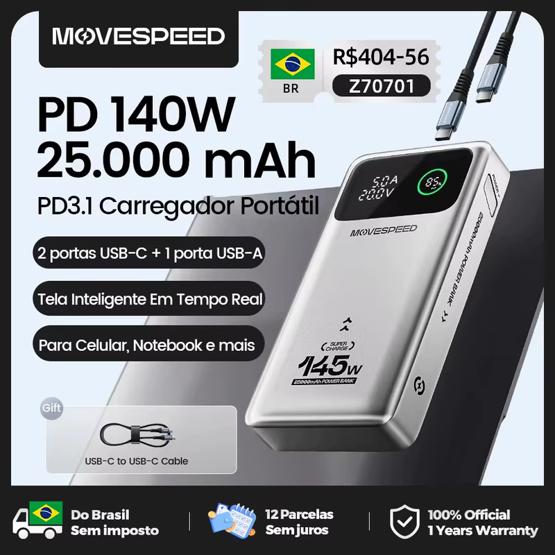 Movespeed m25pro 140w Carregador Portátil 25000mah pd3.1 carga rápida bateria externa portátil 100w powerbank para macbook notebook para Motorola Samsung