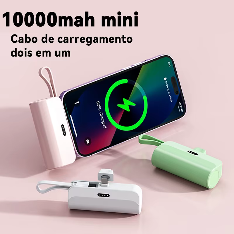 Power Bank Mini 10000mah Com Carregamento Sem Fio Rapido e Cabo Embarcado Para Dia a Dia e Trabalho No Escritorio