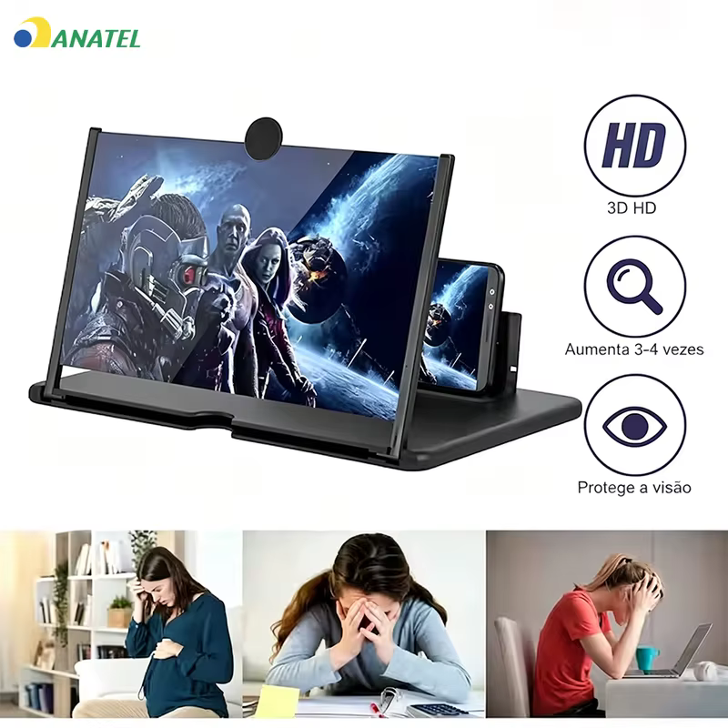 Amplificador Portátil para Celular, Tamanho de um Tablet, Leve (200g), Bolsa de Couro Inclusa, Anti Luz Azul