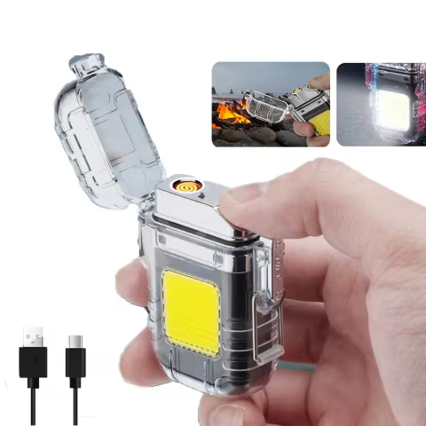 Isqueiro Elétrico Recarregável USB Portátil com Luz LED para Viagem, Acampamento e Emergência