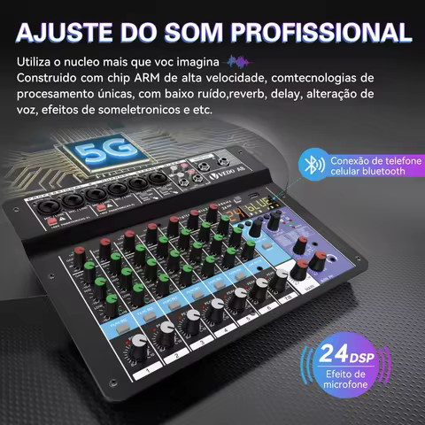Mixer portátil profissional de 8 canais, console de mixagem de som, entrada de computador, 48v, número de energia, transmissão ao vivo, equipamento de áudio