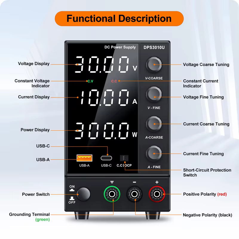 Fonte de Alimentação DC Ajustável Wanptek 30V 5A 10A com Display Digital, Regulador de Tensão para Laboratório, Bancada de Trabalho, 60V 5A 120V 3A DIY