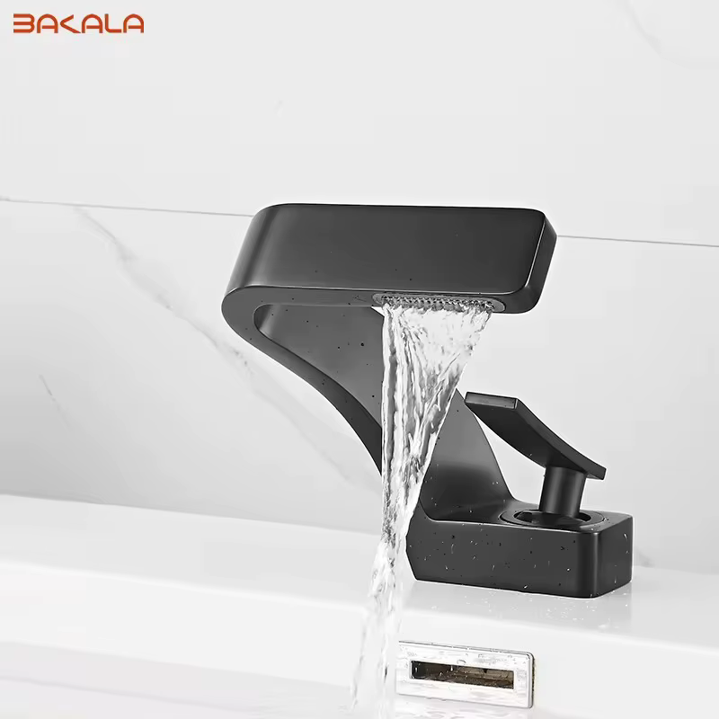 Bakala preto banheiro deck montado torneira da bacia único furo torneira da pia de água quente e fria mitigeur salle de bain torneira misturadora