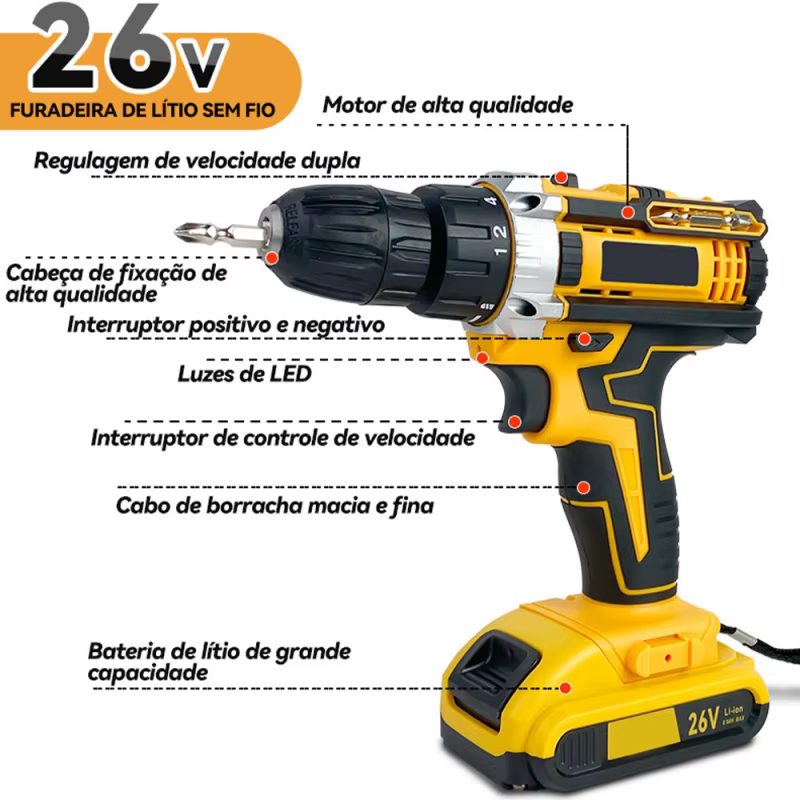 Parafusadeira Furadeira Profissional 26V Leve e Recarregável com Acessórios Completos para Bricolagem Decoração e Pequenos Repar