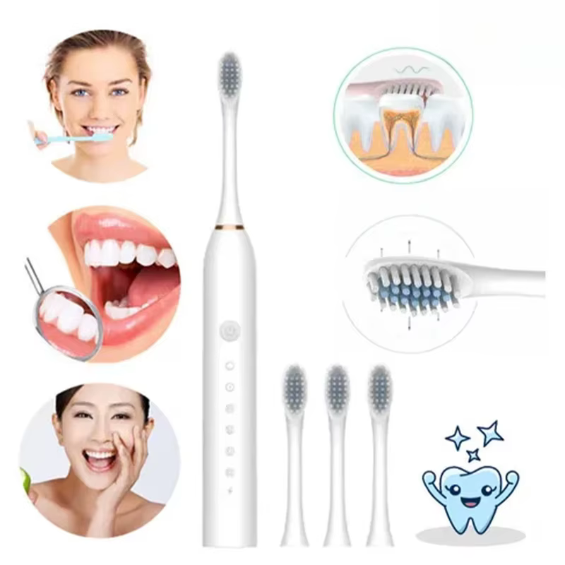 Escova de Dente Sônica Profissional IPX7 com 4 Cabeçotes Recarregáveis, Higiene Bucal Portátil