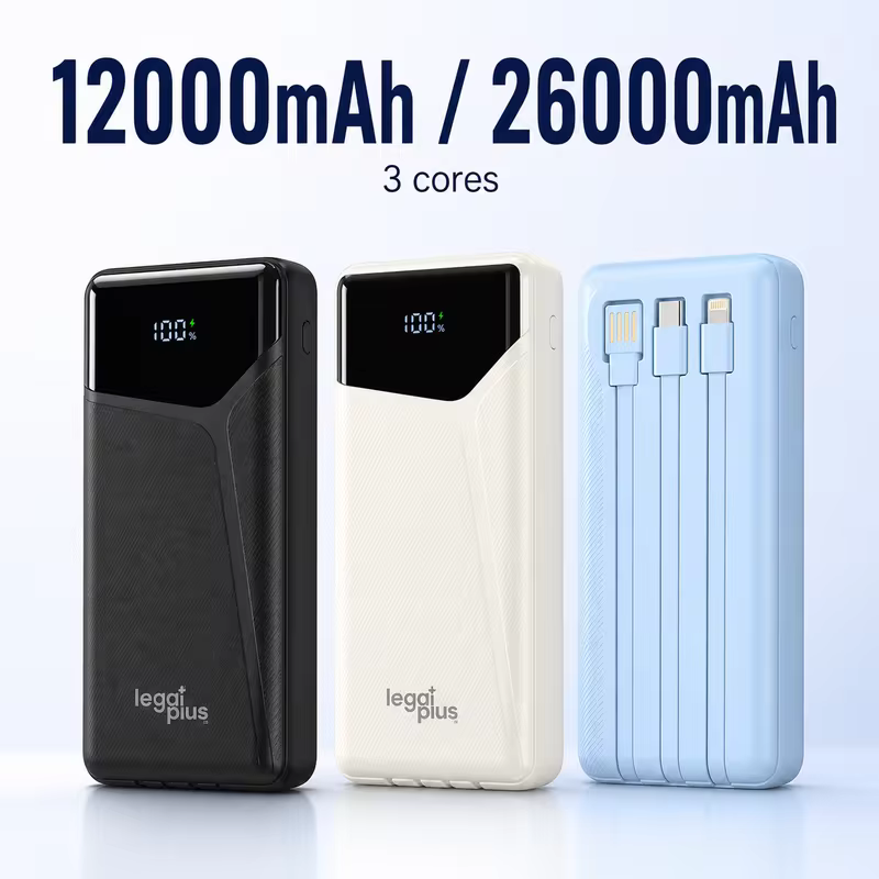 Power Bank 12000mAh E 26000mAh Portátil Com 3 Cabos Tela LED Tipo C Lightning Alta Capacidade