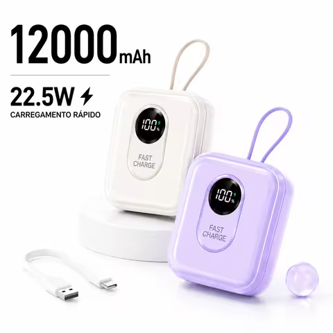Power Bank 12000mAh Portátil com Cabos Integrados, Display LED, Carregamento Rápido, Bateria Externa para Celular