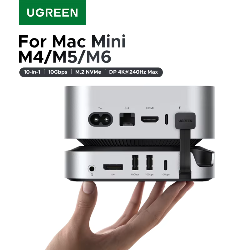 Estação de acoplamento UGREEN para Mac Mini, hub USB, conector Type-C para DP 4K240Hz, slot para SSD M.2 NVMe, 10 Gbps, leitor de cartões SD e TF, entrada de 3,5 mm, para Mac Mini M4/M5 Pro/M6.