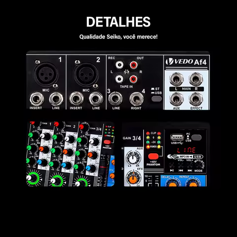 VEDO AF4 Mixer Analógico Merged Placa de Som Digital 4 Canais Configurações de Função Personalizadas Console de Mixagem Analógica para Vivo
