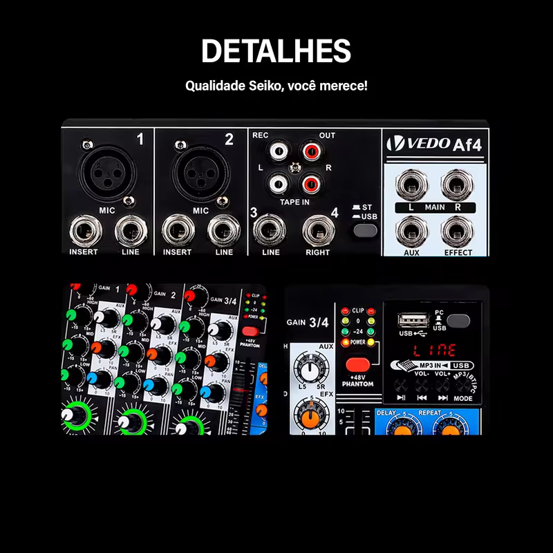 VEDO AF4 Mixer Analógico Merged Placa de Som Digital 4 Canais Configurações de Função Personalizadas Console de Mixagem Analógica para Vivo