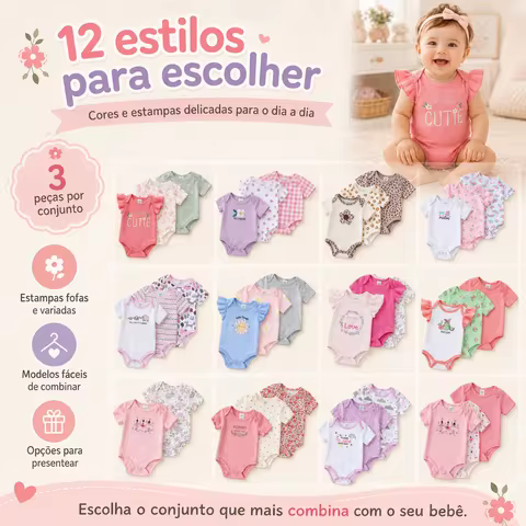 Conjunto com 3 Bodies para Bebê Menina Manga Curta Floral e Bordado Tecido Macio e Respirável