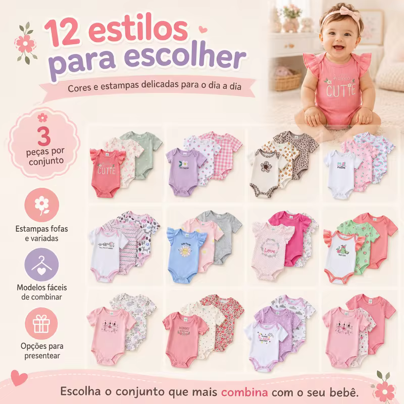 Conjunto com 3 Bodies para Bebê Menina Manga Curta Floral e Bordado Tecido Macio e Respirável