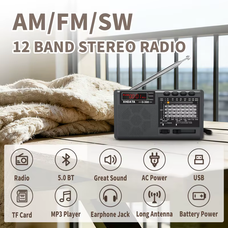 XHDATA D-368 Rádio Portátil FM AM SW Ondas Curtas MP3 Player Estéreo com Entrada para Cartão TF USB e Alto-falante 4Ω 3W - Envio Rápido do Brasil