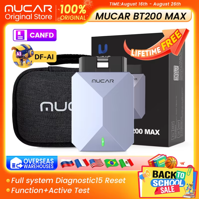 MUCAR BT200 MAX AI Scanner de Diagnóstico Automotivo Completo com 15 Funções de Redefinição, Bidirecional CANFD, Atualização Gratuita Vitalícia
