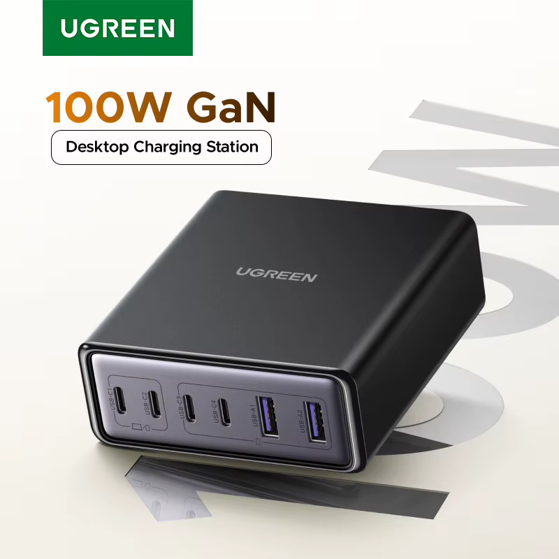 Ugreen 100w 65w gan carregador 6 em 1 desktop portátil carregador rápido para iphone18 17 16 pro max xiaomi samsung tablet macbook ar ipad